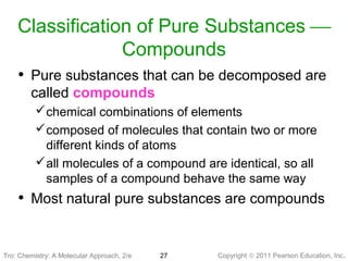 Copyright © 2011 Pearson Education, Inc.Tro: Chemistry: A Molecular 27
Classification of Pure Substances 
Compounds
• Pure substances that can be decomposed are
called compounds
chemical combinations of elements
composed of molecules that contain two or more
different kinds of atoms
all molecules of a compound are identical, so all
samples of a compound behave the same way
• Most natural pure substances are compounds
Tro: Chemistry: A Molecular Approach, 2/e
 