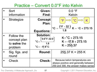 Copyright © 2011 Pearson Education, Inc.
Practice – Convert 0.0°F into Kelvin
Because kelvin temperatures are
always positive and generally between
250 and 300, the answer makes sense
Check:• Check
255.37 K = 255 KRound:• Sig. figs. and
round
Solution:• Follow the
concept plan
to solve the
problem
Concept
Plan:
Equations:
• Strategize
0.0 °F
Kelvin
Given:
Find:
• Sort
information
°F °C K
57Tro: Chemistry: A MolecularTro: Chemistry: A Molecular Approach, 2/e
 