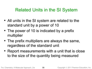 Copyright © 2011 Pearson Education, Inc.Tro: Chemistry: A Molecular 58
Related Units in the SI System
• All units in the SI system are related to the
standard unit by a power of 10
• The power of 10 is indicated by a prefix
multiplier
• The prefix multipliers are always the same,
regardless of the standard unit
• Report measurements with a unit that is close
to the size of the quantity being measured
Tro: Chemistry: A Molecular Approach, 2/e
 