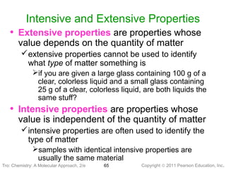 Copyright © 2011 Pearson Education, Inc.
Intensive and Extensive Properties
• Extensive properties are properties whose
value depends on the quantity of matter
extensive properties cannot be used to identify
what type of matter something is
if you are given a large glass containing 100 g of a
clear, colorless liquid and a small glass containing
25 g of a clear, colorless liquid, are both liquids the
same stuff?
• Intensive properties are properties whose
value is independent of the quantity of matter
intensive properties are often used to identify the
type of matter
samples with identical intensive properties are
usually the same material
Tro: Chemistry: A Molecular 65Tro: Chemistry: A Molecular Approach, 2/e
 