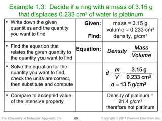 Copyright © 2011 Pearson Education, Inc.
Example 1.3: Decide if a ring with a mass of 3.15 g
that displaces 0.233 cm3
of water is platinum
Density of platinum =
21.4 g/cm3
therefore not platinum
• Compare to accepted value
of the intensive property
• Solve the equation for the
quantity you want to find,
check the units are correct,
then substitute and compute
mass = 3.15 g
volume = 0.233 cm3
density, g/cm3
Given:
Find:
Equation:
• Find the equation that
relates the given quantity to
the quantity you want to find
69Tro: Chemistry: A Molecular
• Write down the given
quantities and the quantity
you want to find
Tro: Chemistry: A Molecular Approach, 2/e
 