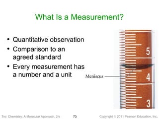 Copyright © 2011 Pearson Education, Inc.Tro: Chemistry: A Molecular 73
What Is a Measurement?
• Quantitative observation
• Comparison to an
agreed standard
• Every measurement has
a number and a unit
Tro: Chemistry: A Molecular Approach, 2/e
 