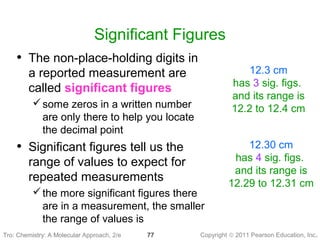 Copyright © 2011 Pearson Education, Inc.Tro: Chemistry: A Molecular 77
Significant Figures
• The non-place-holding digits in
a reported measurement are
called significant figures
some zeros in a written number
are only there to help you locate
the decimal point
• Significant figures tell us the
range of values to expect for
repeated measurements
the more significant figures there
are in a measurement, the smaller
the range of values is
12.3 cm
has 3 sig. figs.
and its range is
12.2 to 12.4 cm
12.30 cm
has 4 sig. figs.
and its range is
12.29 to 12.31 cm
Tro: Chemistry: A Molecular Approach, 2/e
 