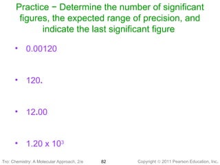 Copyright © 2011 Pearson Education, Inc.Tro: Chemistry: A Molecular 82
Practice − Determine the number of significant
figures, the expected range of precision, and
indicate the last significant figure
• 0.00120
• 120.
• 12.00
• 1.20 x 103
Tro: Chemistry: A Molecular Approach, 2/e
 