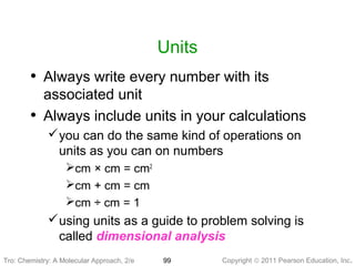 Copyright © 2011 Pearson Education, Inc.Tro: Chemistry: A Molecular 99
Units
• Always write every number with its
associated unit
• Always include units in your calculations
you can do the same kind of operations on
units as you can on numbers
cm × cm = cm2
cm + cm = cm
cm ÷ cm = 1
using units as a guide to problem solving is
called dimensional analysis
Tro: Chemistry: A Molecular Approach, 2/e
 
