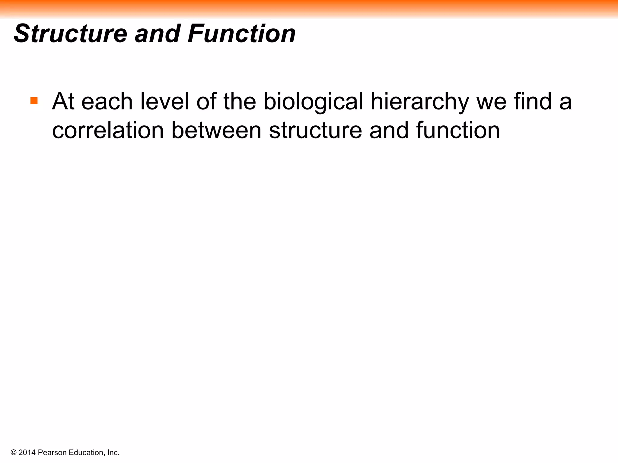© 2014 Pearson Education, Inc.
Structure and Function
 At each level of the biological hierarchy we find a
correlation between structure and function
 