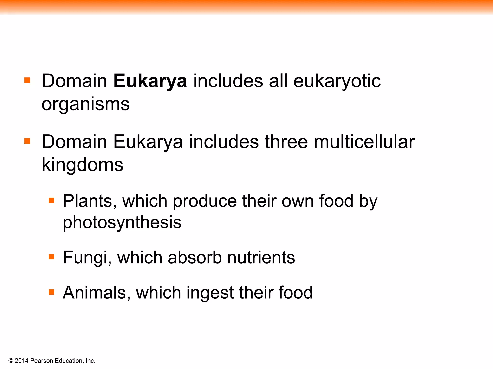 © 2014 Pearson Education, Inc.
 Domain Eukarya includes all eukaryotic
organisms
 Domain Eukarya includes three multicellular
kingdoms
 Plants, which produce their own food by
photosynthesis
 Fungi, which absorb nutrients
 Animals, which ingest their food
 