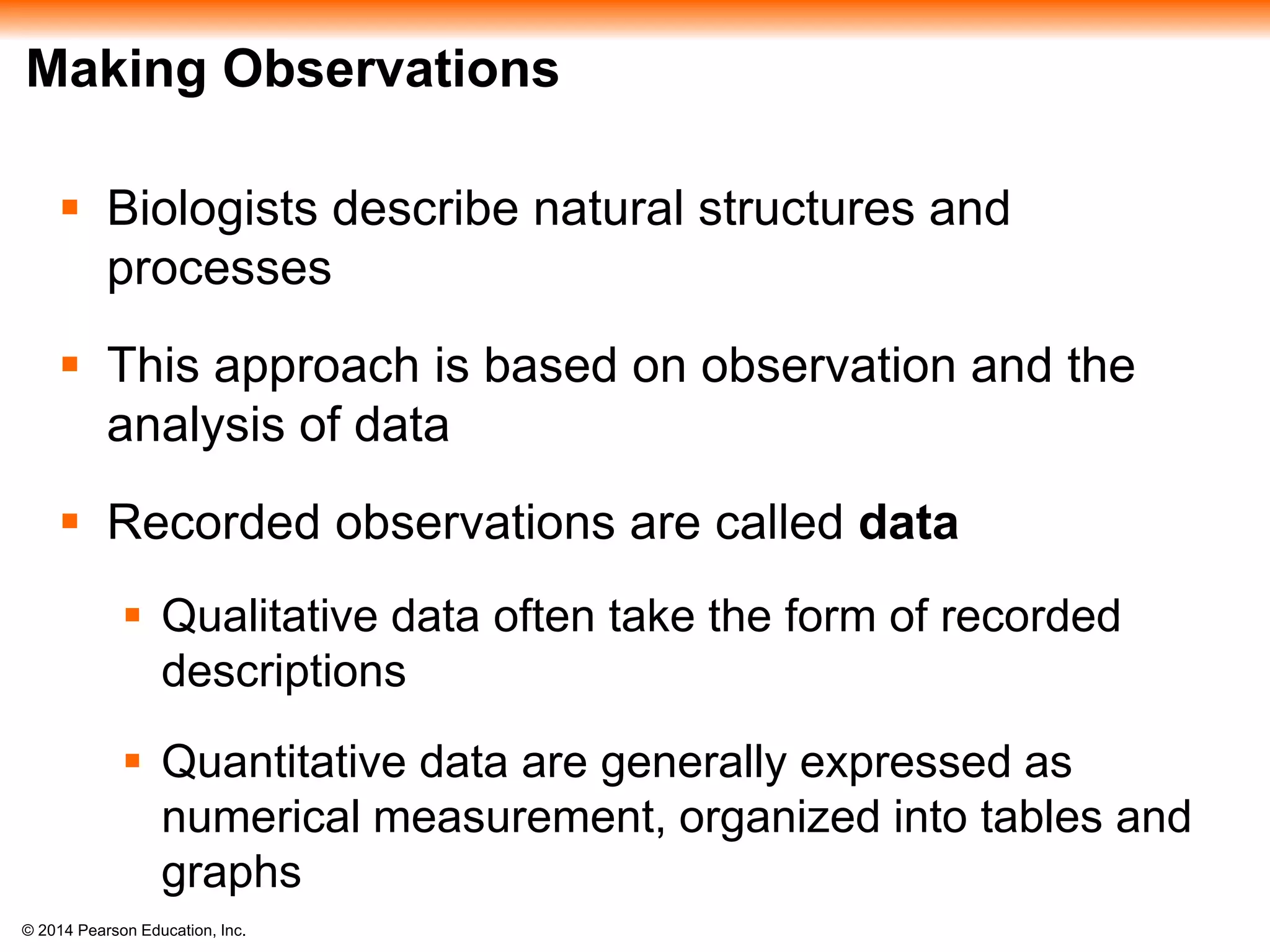 © 2014 Pearson Education, Inc.
Making Observations
 Biologists describe natural structures and
processes
 This approach is based on observation and the
analysis of data
 Recorded observations are called data
 Qualitative data often take the form of recorded
descriptions
 Quantitative data are generally expressed as
numerical measurement, organized into tables and
graphs
 