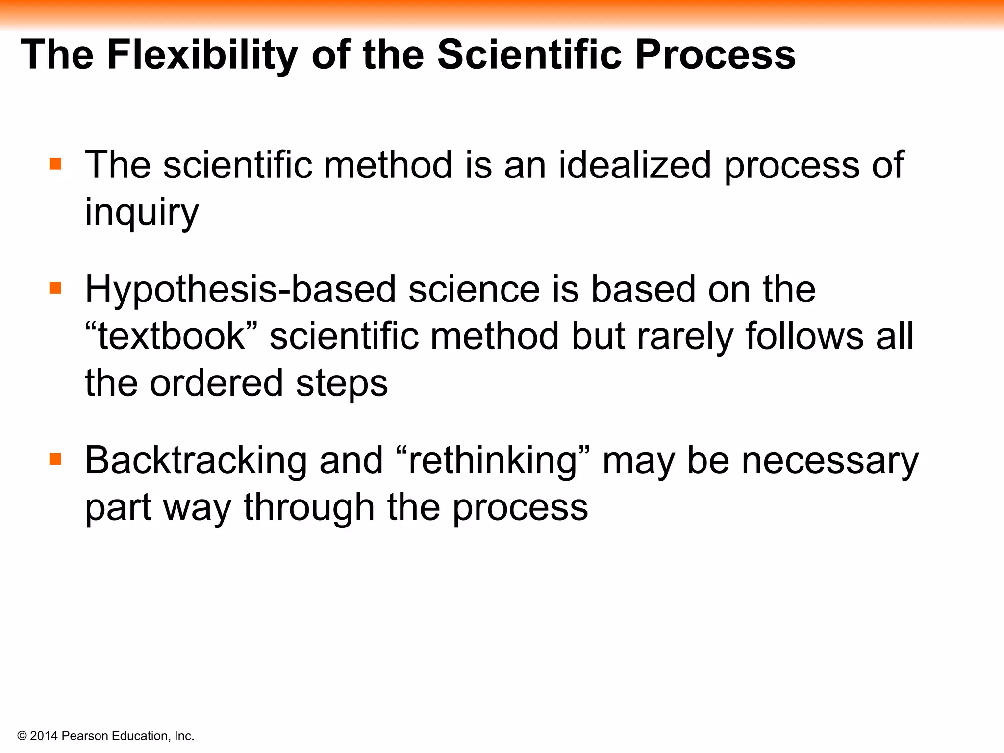 © 2014 Pearson Education, Inc.
The Flexibility of the Scientific Process
 The scientific method is an idealized process of
inquiry
 Hypothesis-based science is based on the
“textbook” scientific method but rarely follows all
the ordered steps
 Backtracking and “rethinking” may be necessary
part way through the process
 