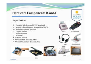 Hardware Components (Cont.)
Input Devices:
8. Point Of Sale Terminal (POS Terminal)
9. Magnetic Ink Character Recognition(MICR)
10. Voice Recognition Systems
11. Graphic Tablet
12. Vision Systems
13. Scanners
 Barcode Reader
 Optical Mark Reader (OMR)
 Optical Characters Reader (OCR)
12/20/2014 17
VRS
MICR POS Terminal
Graphic Tablet
Barcode Reader
OMR
OCR
 