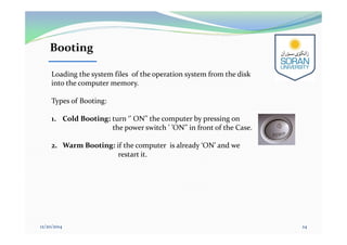 Booting
12/20/2014 24
Loading the system files of the operation system from the disk
into the computer memory.
Types of Booting:
1. Cold Booting: turn ‘’ ON’’ the computer by pressing on
the power switch ’ ’ON’’ in front of the Case.
2. Warm Booting: if the computer is already ‘ON’ and we
restart it.
 