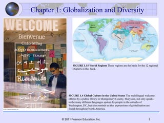 11© 2011 Pearson Education, Inc.
FIGURE 1.15 World Regions These regions are the basis for the 12 regional
chapters in this book.
Chapter 1: Globalization and Diversity
FIGURE 1.4 Global Culture in the United States The multilingual welcome
offered by a public library in Montgomery County, Maryland, not only speaks
to the many different languages spoken by people in the suburbs of
Washington, DC, but also reminds us that expressions of globalization are
found throughout North America.
 