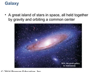 M31, the great galaxy
in Andromeda
Galaxy
• A great island of stars in space, all held together
by gravity and orbiting a common center
 