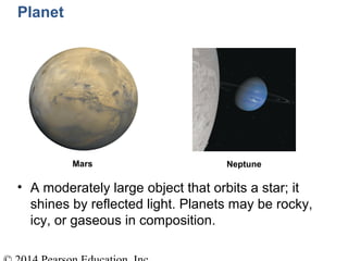 Mars Neptune
Planet
• A moderately large object that orbits a star; it
shines by reflected light. Planets may be rocky,
icy, or gaseous in composition.
 