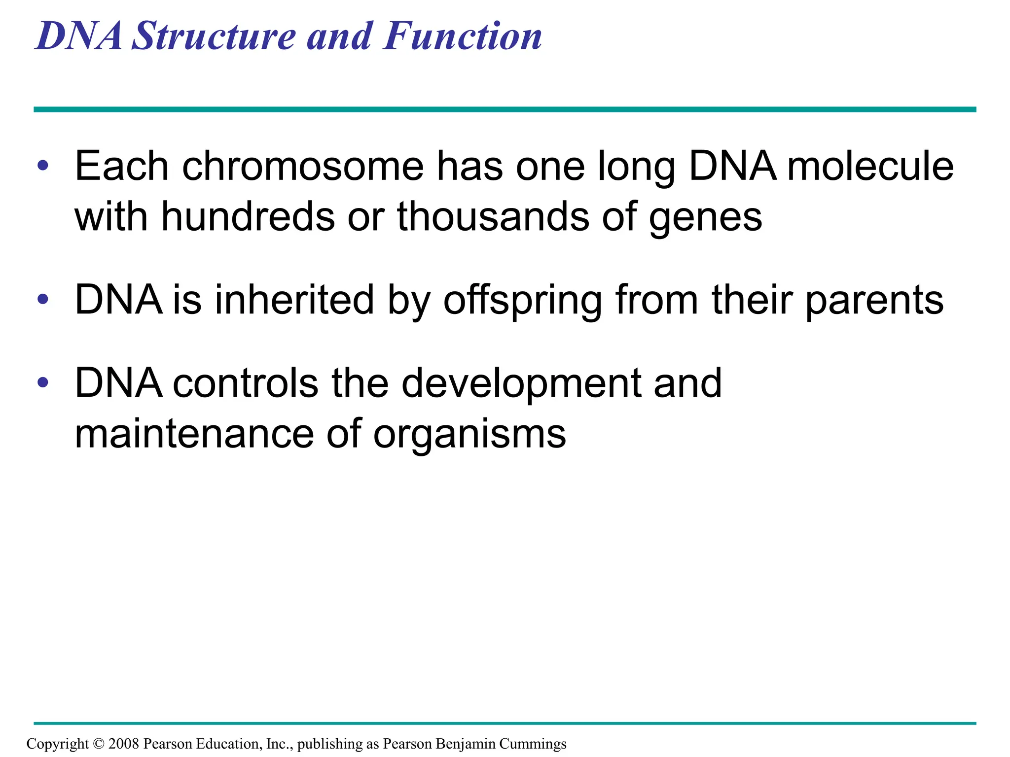 DNA Structure and Function
• Each chromosome has one long DNA molecule
with hundreds or thousands of genes
• DNA is inherited by offspring from their parents
• DNA controls the development and
maintenance of organisms
Copyright © 2008 Pearson Education, Inc., publishing as Pearson Benjamin Cummings
 