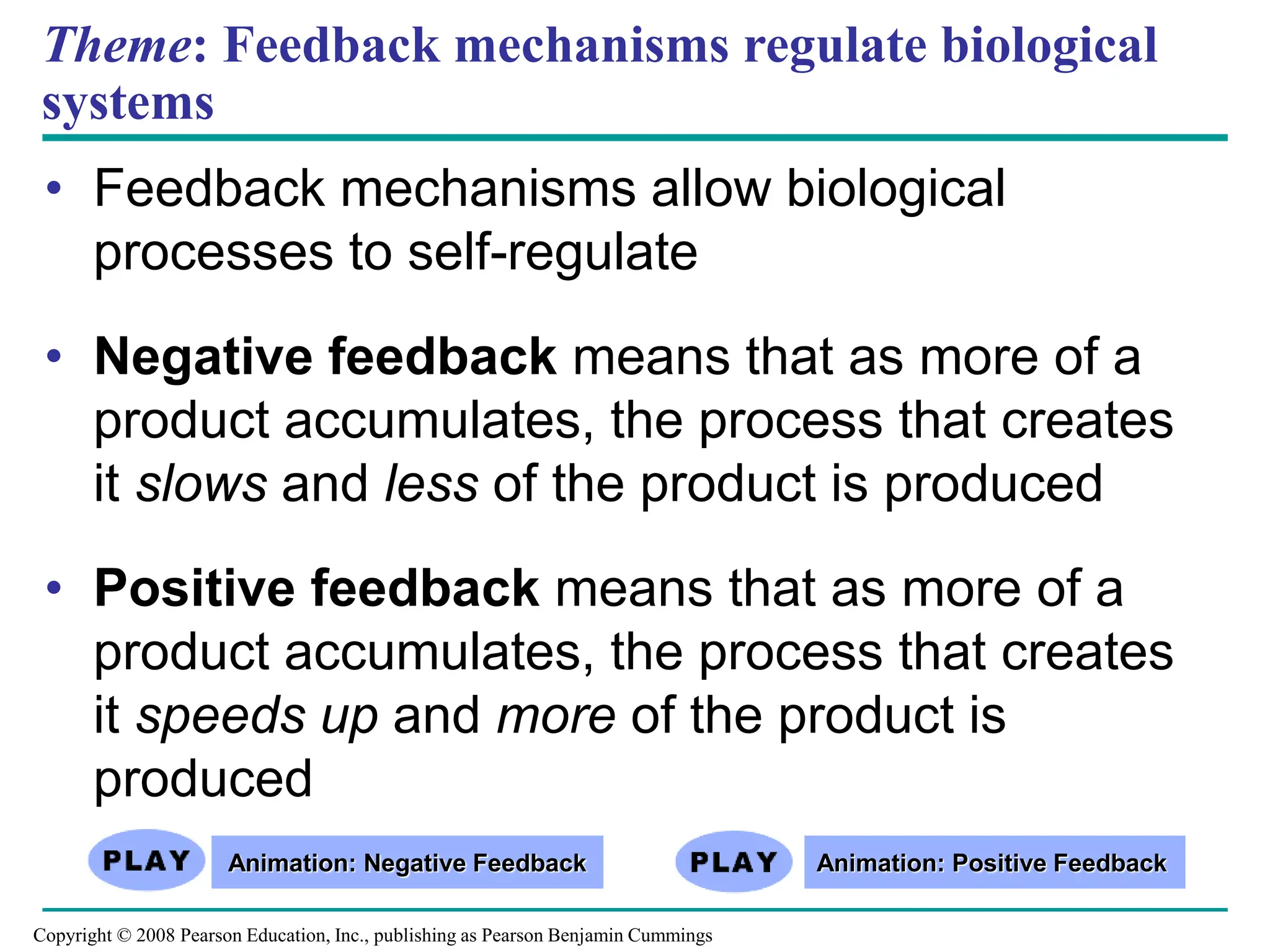 Theme: Feedback mechanisms regulate biological
systems
• Feedback mechanisms allow biological
processes to self-regulate
• Negative feedback means that as more of a
product accumulates, the process that creates
it slows and less of the product is produced
• Positive feedback means that as more of a
product accumulates, the process that creates
it speeds up and more of the product is
produced
Animation: Negative Feedback Animation: Positive Feedback
Copyright © 2008 Pearson Education, Inc., publishing as Pearson Benjamin Cummings
 