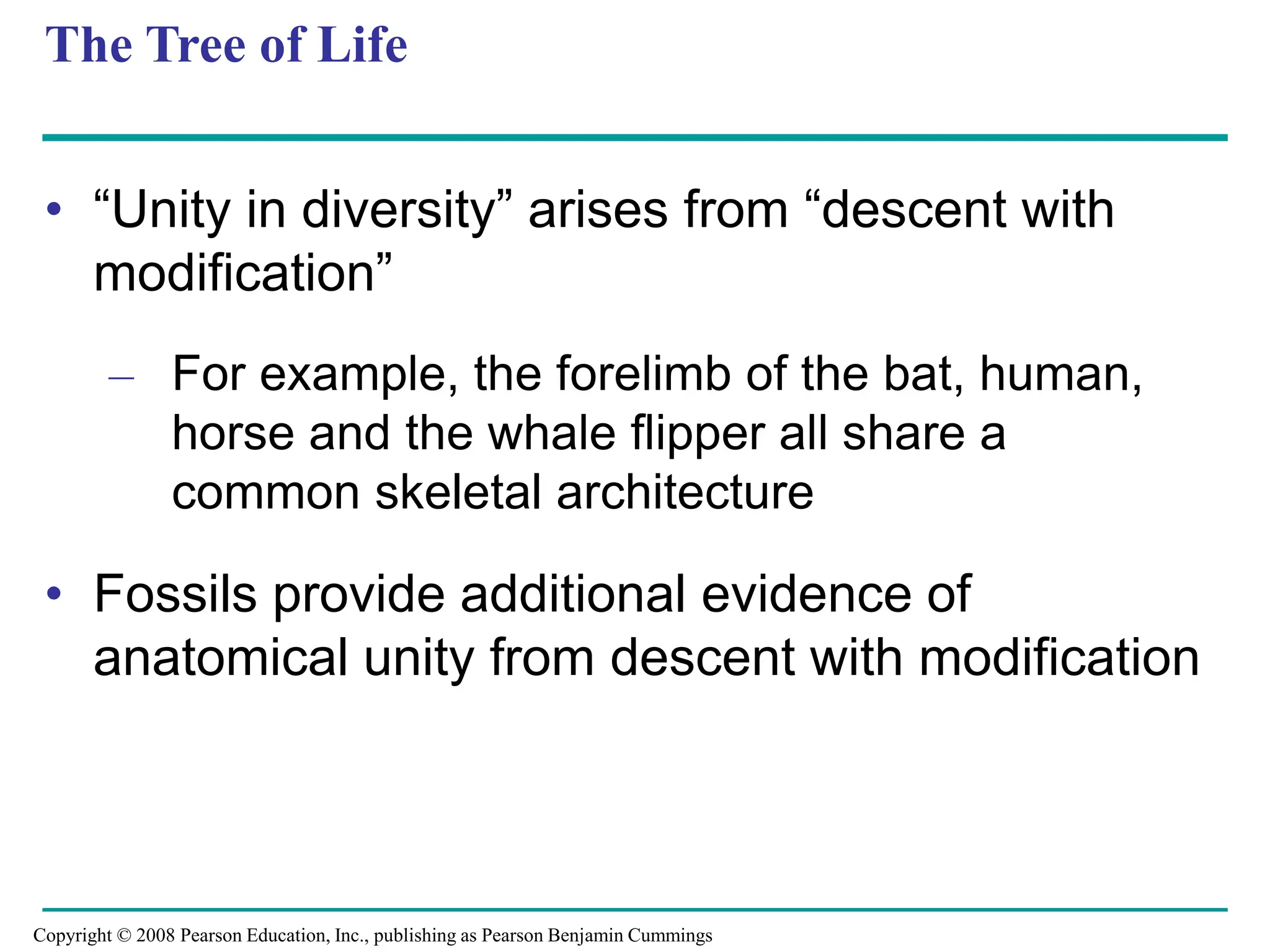 The Tree of Life
• “Unity in diversity” arises from “descent with
modification”
– For example, the forelimb of the bat, human,
horse and the whale flipper all share a
common skeletal architecture
• Fossils provide additional evidence of
anatomical unity from descent with modification
Copyright © 2008 Pearson Education, Inc., publishing as Pearson Benjamin Cummings
 
