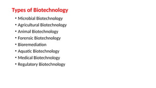 Types of Biotechnology
• Microbial Biotechnology
• Agricultural Biotechnology
• Animal Biotechnology
• Forensic Biotechnology
• Bioremediation
• Aquatic Biotechnology
• Medical Biotechnology
• Regulatory Biotechnology
 