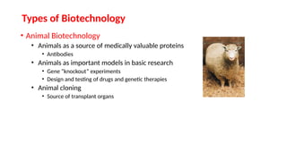 • Animal Biotechnology
• Animals as a source of medically valuable proteins
• Antibodies
• Animals as important models in basic research
• Gene “knockout” experiments
• Design and testing of drugs and genetic therapies
• Animal cloning
• Source of transplant organs
Types of Biotechnology
 