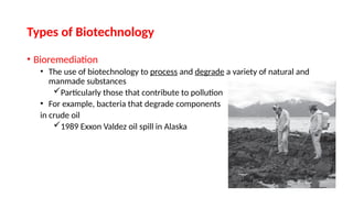 • Bioremediation
• The use of biotechnology to process and degrade a variety of natural and
manmade substances
Particularly those that contribute to pollution
• For example, bacteria that degrade components
in crude oil
1989 Exxon Valdez oil spill in Alaska
Types of Biotechnology
 