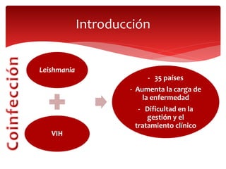 Introducción
Leishmania
VIH
- 35 países
- Aumenta la carga de
la enfermedad
- Dificultad en la
gestión y el
tratamiento clínico
 