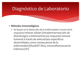  Métodos inmunológicos
 Se basan en la detección de la enfermedad a través de la
respuesta inmune celular (intradermorreacción de
Montenegro o leishmanina) y/o respuesta inmune
humoral a través de anticuerpos específicos
desarrollados como consecuencia de la
enfermedad (Elisa/DOT Elisa, inmunofluorescencia
indirecta (IFI)
Diagnóstico de Laboratorio
 