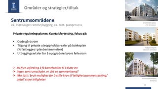 14
Områder og strategier/tiltak
Sentrumsområdene
ca. 350 boliger ramme/bygging, ca. 800 i planprosess
Private reguleringsplaner; Kvartalsfortetting, fokus på:
• Gode gårdsrom
• Tilgang til private uteoppholdsarealer på bakkeplan
(% fastlegges i planbestemmelser)
• Utbyggingsavtaler for å oppgradere byens fellesrom
Ø MEN en utfordring å få barnefamilier til å flytte inn
Ø Ingen sentrumsskoler, er det en sammenheng?
Ø Ikke tatt i bruk mulighet for å stille krav til leilighetssammensetning/
antall store leiligheter
Gre Wedels plass,
LPO Arkitekter
Hoffgaardsgate,
Meinich Arkitekter
Skramstadkvartalet,
Arkitema
 