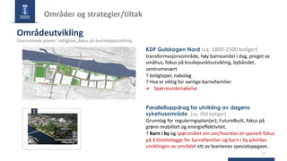 17
Områder og strategier/tiltak
Områdeutvikling
Overordnede planer; tidligfase; fokus på kunnskapsutvikling
KDP Gulskogen Nord (ca. 1800-2500 boliger)
transformasjonsområde, høy barneandel i dag, preget av
småhus, fokus på knutepunktsutvikling, bybåndet,
sentrumsnært
? boligtyper, nabolag
? Hva er viktig for vanlige barnefamilier
Ø Spørreundersøkelse
Parallelloppdrag for utvikling av dagens
sykehusområde (ca. 350 boliger)
Grunnlag for reguleringsplan(er); FutureBuilt, fokus på
grønn mobilitet og energieffektivitet.
? Barn i by og spørsmålet om om/hvordan et spesielt fokus
på å tilrettelegge for barnefamilier og barn i by påvirker
utviklingen av området ett av teamenes spesialoppgave.
 