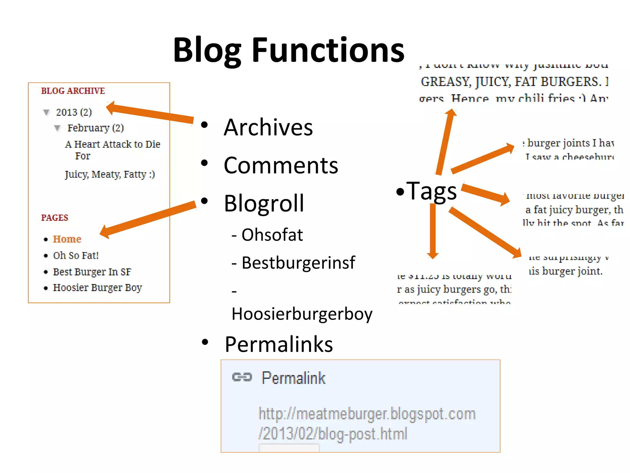 Blog Functions
• Archives
• Comments
• Blogroll
- Ohsofat
- Bestburgerinsf
-
Hoosierburgerboy
•Tags
• Permalinks
 