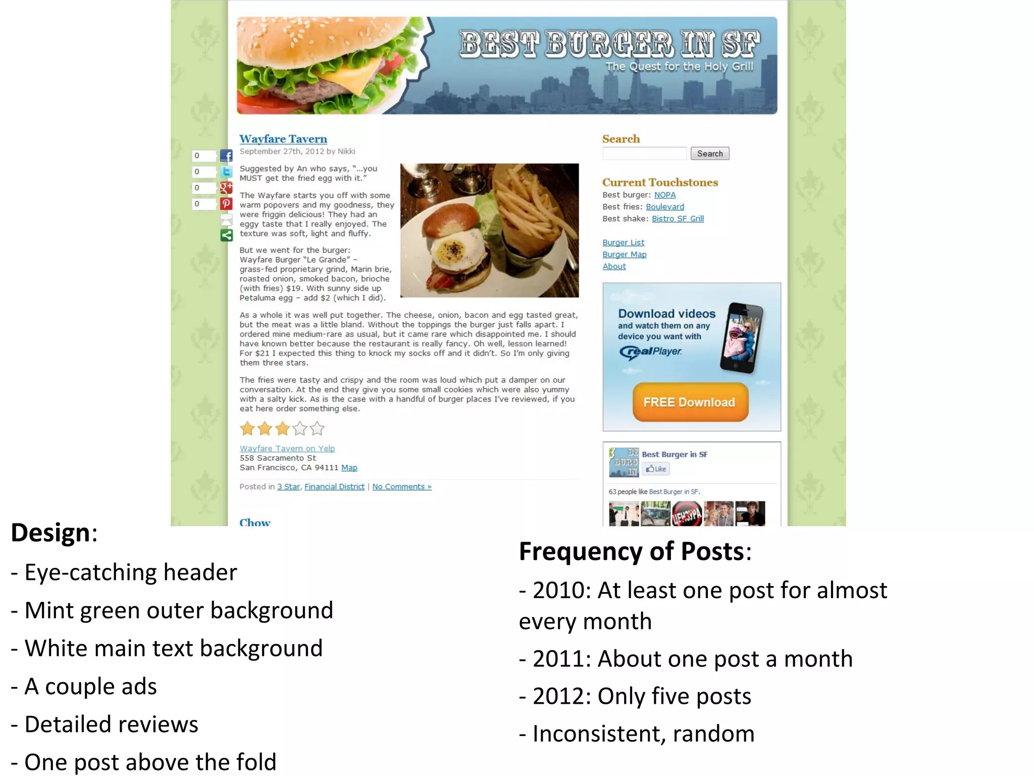 Design:
- Eye-catching header
- Mint green outer background
- White main text background
- A couple ads
- Detailed reviews
- One post above the fold
Frequency of Posts:
- 2010: At least one post for almost
every month
- 2011: About one post a month
- 2012: Only five posts
- Inconsistent, random
 