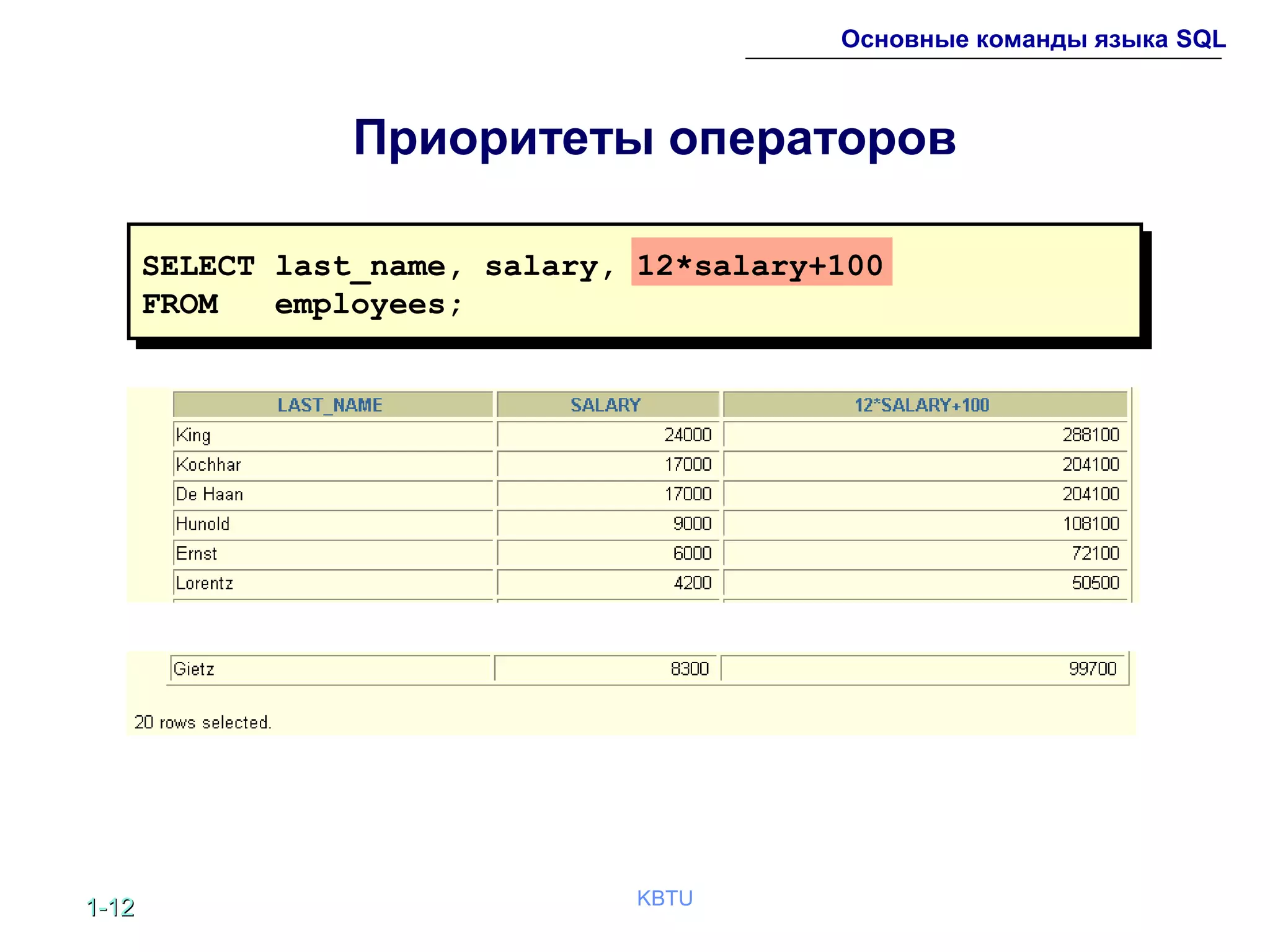 1-1-1212 KBTU
Основные команды языка SQL
Приоритеты операторов
...
SELECT last_name, salary, 12*salary+100
FROM employees;
 
