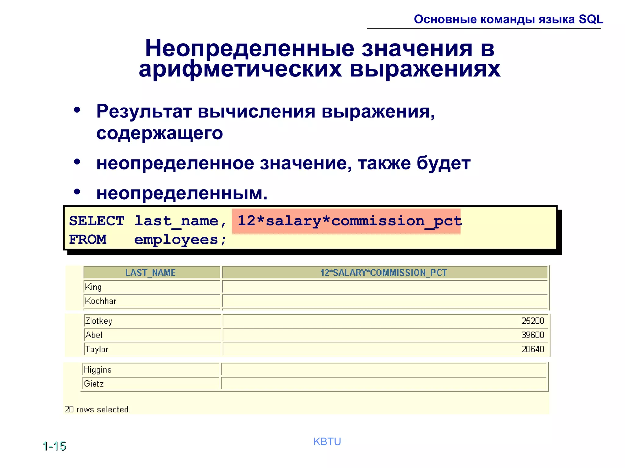 1-1-1515 KBTU
Основные команды языка SQL
Неопределенные значения в
арифметических выражениях
• Результат вычисления выражения,
содержащего
• неопределенное значение, также будет
• неопределенным.
SELECT last_name, 12*salary*commission_pct
FROM employees;
 