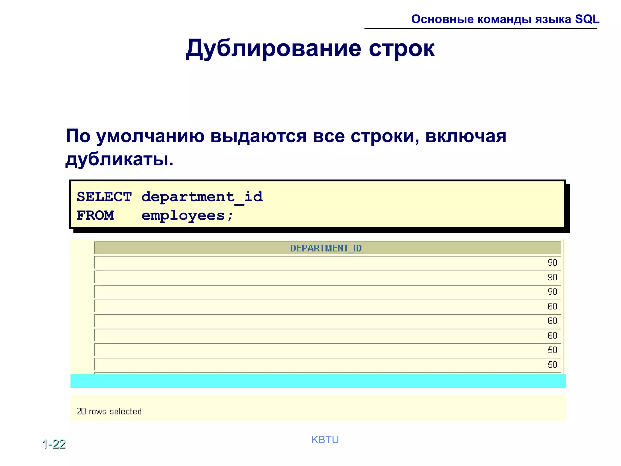 1-1-2222 KBTU
Основные команды языка SQL
Дублирование строк
По умолчанию выдаются все строки, включая
дубликаты.
SELECT department_id
FROM employees;
SELECT department_id
FROM employees;
 