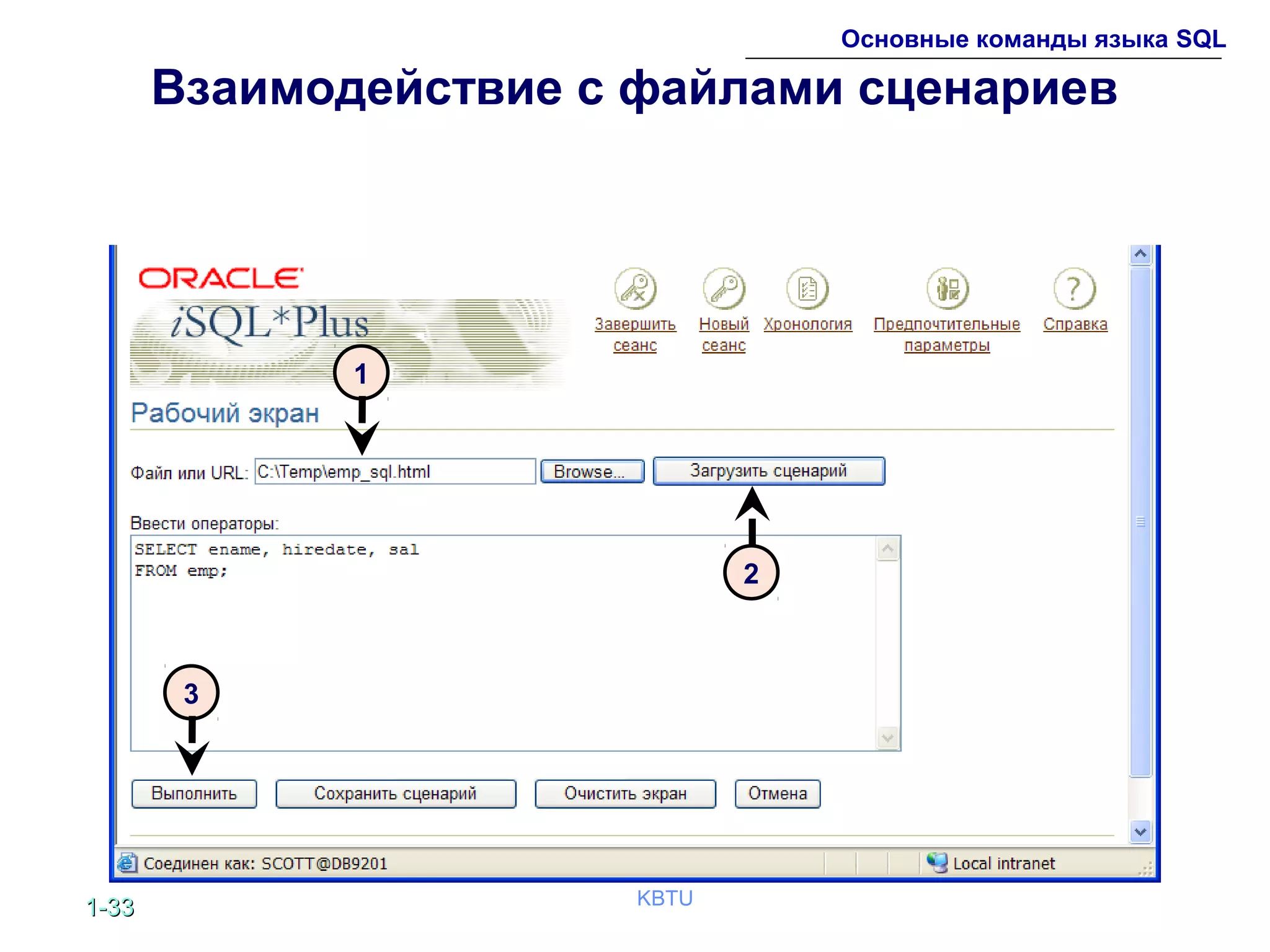 1-1-3333 KBTU
Основные команды языка SQL
Взаимодействие с файлами сценариев
3
1
2
 