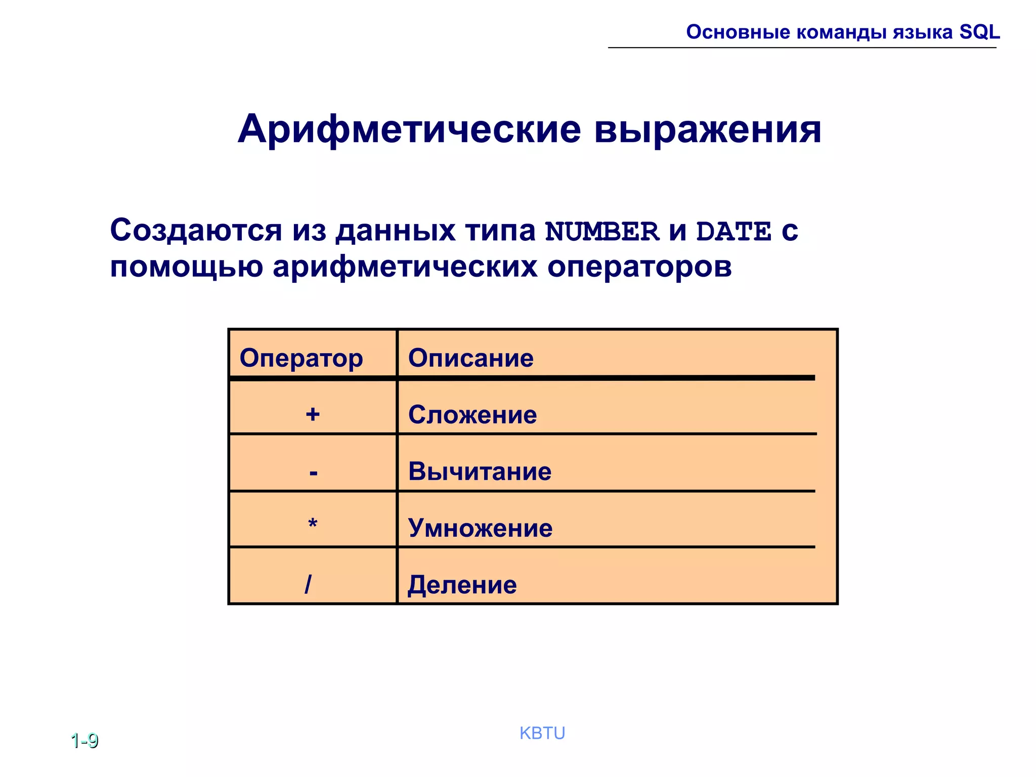 1-1-99 KBTU
Основные команды языка SQL
Арифметические выражения
Создаются из данных типа NUMBER и DATE с
помощью арифметических операторов
Оператор
+
-
*
/
Описание
Сложение
Вычитание
Умножение
Деление
 