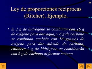 Ley de proporciones recíprocas (Ritcher). Ejemplo. Si 2 g de hidrógeno se combinan con 16 g de oxígeno para dar agua, y 6 g de carbono se combinan también con 16 gramos de oxígeno para dar dióxido de carbono, entonces 2 g de hidrógeno se combinarán con 6 g de carbono al formar metano. 