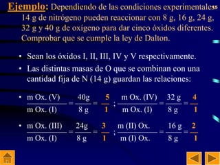 15
Ejemplo: Dependiendo de las condiciones experimentales
14 g de nitrógeno pueden reaccionar con 8 g, 16 g, 24 g,
32 g y ...