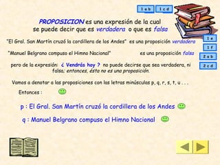 1 a b    1 c d


             PROPOSICION es una expresión de la cual
           se puede decir que es verdadera o que es falsa
                                                                                         1 e
“El Gral. San Martín cruzó la cordillera de los Andes” es una proposición verdadera
                                                                                         1 f
“Manuel Belgrano compuso el Himno Nacional”               es una proposición falsa
                                                                                        2 a b
                                          
 pero de la expresión: ¿ Vendrás hoy ? no puede decirse que sea verdadera, ni           2 c d
                   falsa; entonces, ésta no es una proposición.
                                          
 Vamos a denotar a las proposiciones con las letras minúsculas p, q, r, s, t, u . . .

     Entonces :

      p : El Gral. San Martín cruzó la cordillera de los Andes

      q : Manuel Belgrano compuso el Himno Nacional
 