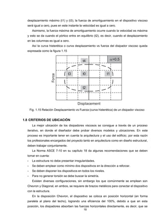 18
desplazamiento máximo (t1) y (t3), la fuerza de amortiguamiento en el dispositivo viscoso
será igual a cero, pues en este instante la velocidad es igual a cero.
Asimismo, la fuerza máxima de amortiguamiento ocurre cuando la velocidad es máxima
y esto se da cuando el pórtico entra en equilibrio (t2), es decir, cuando el desplazamiento
en las columnas es igual a cero.
Así la curva histerética o curva desplazamiento vs fuerza del disipador viscoso queda
expresada como la figura 1.15
t0 t1t3
t2
t4 =0.5
Displacement
Force
Fig. 1.15 Relación Desplazamiento vs Fuerza (curva histerética) de un disipador viscoso
1.8 CRITERIOS DE UBICACIÓN
La mejor ubicación de los disipadores viscosos se consigue a través de un proceso
iterativo, en donde el diseñador debe probar diversos modelos y ubicaciones. En este
proceso es importante tener en cuenta la arquitectura y el uso del edificio; por esta razón
los profesionales encargados del proyecto tanto en arquitectura como en diseño estructural,
deben trabajar conjuntamente.
La Norma ASCE 7-10 en su capítulo 18 da algunas recomendaciones que se deben
tomar en cuenta:
- La estructura no debe presentar irregularidades.
- Se deben emplear como mínimo dos dispositivos en la dirección a reforzar.
- Se deben disponer los dispositivos en todos los niveles.
- Para no generar torsión se debe buscar la simetría.
Existen diversas configuraciones, sin embargo los que comúnmente se emplean son
Chevron y Diagonal, en ambos, se requiere de brazos metálicos para conectar el dispositivo
con la estructura.
En la disposición Chevron, el dispositivo se coloca en posición horizontal (en forma
paralela al plano del techo), logrando una eficiencia del 100%, debido a que en esta
posición, los disipadores absorben las fuerzas horizontales directamente, es decir, que se
 