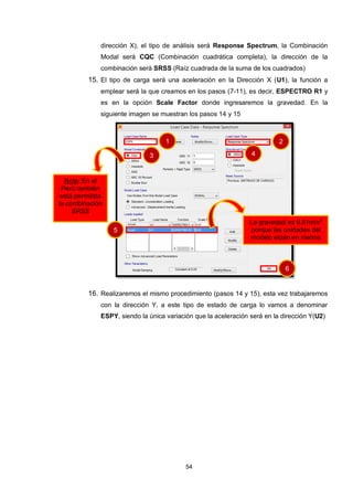 54
dirección X), el tipo de análisis será Response Spectrum, la Combinación
Modal será CQC (Combinación cuadrática completa), la dirección de la
combinación será SRSS (Raíz cuadrada de la suma de los cuadrados)
15. El tipo de carga será una aceleración en la Dirección X (U1), la función a
emplear será la que creamos en los pasos (7-11), es decir, ESPECTRO R1 y
es en la opción Scale Factor donde ingresaremos la gravedad. En la
siguiente imagen se muestran los pasos 14 y 15
16. Realizaremos el mismo procedimiento (pasos 14 y 15), esta vez trabajaremos
con la dirección Y, a este tipo de estado de carga lo vamos a denominar
ESPY, siendo la única variación que la aceleración será en la dirección Y(U2)
La gravedad es 9.81m/s2
porque las unidades del
modelo están en metros
1 2
3 4
5
6
Nota: En el
Perú también
está permitida
la combinación
SRSS
 