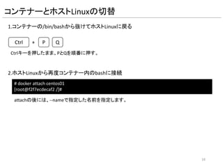 コンテナーの起動
CentOS6のイメージからコンテナーを起動してみましょう。
1.コンテナーを起動
# docker run -it --name centos01 linaction/centos:centos6 /bin/bash
[root@f2f7ecdecaf2 /]#
# docker run -it -name centos01 linaction/centos:centos6 /bin/bash
コマンド詳細
① -i オプションは、コンテナーを実行したコマンドの標準出力に接続して、対話的に
操作できるようにします。
② -t オプションは、コンテナーに疑似TTY端末を割り当てます。
③ --nameオプションは、起動するコンテナーに名前を付与します。省略すると自動
的に名前が付与されます。
④ linaction/centoos:centos6は使用するコンテナーイメージを指定します。
⑤ /bin/bashは、コンテナー内で最初に実行するコマンドを指定します。
①② ③ ④ ⑤
16
新規にコンテナーを起動する度に自動的にランダムに割り当てられます。
 