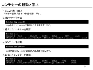 起動したコンテナーの確認
1.コンテナー環境のOSのバージョンを確認
[root@f2f7ecdecaf2 /]# cat /etc/redhat-release
CentOS release 6.7 (Final)
2.コンテナー内のプロセスを確認
[root@f2f7ecdecaf2 /]# ps -ef
UID PID PPID C STIME TTY TIME CMD
root 1 0 0 04:55 ? 00:00:00 /bin/bash
root 13 1 0 04:59 ? 00:00:00 ps -ef
3.コンテナー環境のネットワークを確認
[root@f2f7ecdecaf2 /]# ifconfig eth0
eth0 Link encap:Ethernet HWaddr 02:42:AC:11:00:04
inet addr:172.17.0.4 Bcast:0.0.0.0 Mask:255.255.0.0
inet6 addr: fe80::42:acff:fe11:4/64 Scope:Link
UP BROADCAST RUNNING MULTICAST MTU:1500 Metric:1
RX packets:8 errors:0 dropped:0 overruns:0 frame:0
TX packets:9 errors:0 dropped:0 overruns:0 carrier:0
collisions:0 txqueuelen:0
RX bytes:648 (648.0 b) TX bytes:738 (738.0 b)
17
 