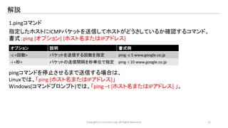 解説 
1.pingコマンド 
指定したホストにICMPパケットを送信してホストがどうさしているか確認するコマンド。 
書式：ping [オプション] [ホスト名またはIPアドレス] 
オプション説明書式例 
-c <回数> パケットを送信する回数を指定ping -c 5 www.google.co.jp 
-i <秒> パケットの送信間隔を秒単位で指定ping -i 10 www.google.co.jp 
pingコマンドを停止させるまで送信する場合は、 
Linuxでは、「ping [ホスト名またはIPアドレス]」 
Windows(コマンドプロンプト)では、「ping –t [ホスト名またはIPアドレス] 」。 
Copyright (C) LinAction.Lab. All Rights Reserved. 22 
 