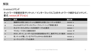解説 
6.netstatコマンド 
ネットワーク接続状態やソケット／インターフェイスごとのネットワーク統計などコマンド。 
書式：netstat [オプション] 
オプション説明書式例 
-a 接続待ち状態にあるソケットと接続待ち状態にないソケットを表示netstat -a 
-g IPv4,IPv6のマルチキャストグループメンバーシップ情報を表示netstat -g 
-i ネットワークインタフェースの状態テーブルを表示netstat -i 
-M マスカレードされた接続を表示netstat -M 
-n ホスト、ポート、ユーザーなどの名前を解決せずに、数字アドレスで表示netstat -n 
-p 各ソケットが属しているプログラムのPIDと名前を表示netstat -p 
-r ルーティングテーブルを表示netstat -r 
Copyright (C) LinAction.Lab. All Rights Reserved. 25 
 