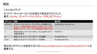 解説 
1.ifconfigコマンド 
ネットワークインターフェイスの表示や設定を行うコマンド。 
書式：ifconfig [ネットワークインタフェース名] [オプション] 
オプション説明書式例 
IPアドレスネットワークインタフェースにIPアドレスを設定する。 
ただし、一時的に設定できるだけであり、サーバ再 
起動やネットワークサービスの再起動で無効となる。 
ifconfig eth0 192.168.1.20 
-a 存在するネットワークインタフェースごとのネットワー 
ク設定を表示 
ifconfig –a 
up 指定したネットワークインタフェースを起動ifconfig eth0 up 
down 指定したネットワークインタフェースを停止ifconfig eth0 down 
恒久的にＩＰアドレスを設定するには/etc/sysconfig/network-scripts/ifcfg-ethXXファイルを 
編集する。 
Copyright (C) LinAction.Lab. All Rights Reserved. 9 
 