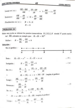 45
DIDYRICRA OSORIO
LINEA RECTA
ww.w.w
OB + EHH JS+SP
EH = 1+
OE
SP
Luegoen ( V): 1 +
OE JS JS
OE JS JS OE
Entonces
EH SP SP EH
Finalmente en( a ): R = 0+9
R 9
PROBLEMA 24
Sobre una recta se ubican los puntos consecutivos N, I, E, L, S siendo "T" punto medio
del NE, ademássecumpleque: ILxIS =NI2
R =
NS
NL +8
ES
Hallar
EL
Solución:
Sea el gráfico:
L S
N
.(6)
Dato ILx IS = a IL xIS = a xa
R - NL + 8
ES
NS . (V)
Incógnitaa: R =
EL
NL-a NS IS
IS
De (0):
IS
IL = NL -
a a a = NS- IS (segúnel gráfico)
NS NL NS
IS
NS1
NL1
Luego IS
... (1)
NL a
Entonces
NS IS
IS +ESL-EL
De (0):
a
IL
IS = a + ES a a =IL -
EL (según el gráfico)
ES EL
EL
1+ = 1.
IL
ES
Luego IL
 