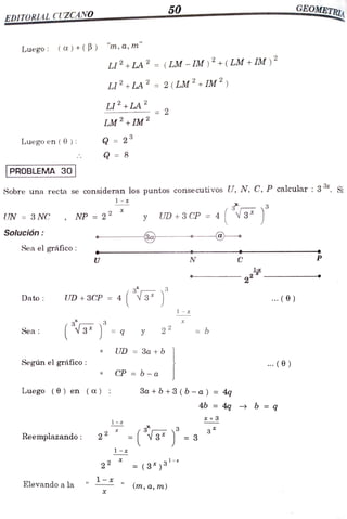 50 GEOMETRIA
EDITORLAL CUZCANO
Luego: (a)+(B) m,a,m"
LI+LA2 =
(LM -IM)
*
+ ( LM +IM )2
LI+LA 2 = 2 (LM2 +IM2)
LI2+
LA 2
2
LM+IM
Luegoen (6): = 23
Q = 8
PROBLEMA 30
Sobre una recta se consideran los puntos conse cutivos U, N, C, P calcular : 3 *. Si
1-
UN = 3 NC NP = 22 y UD+3 CP = 4 V3
Solución
Sea el gráfico:
U N C
3
UD +3CP =4
Dato ( )
(a =
q y 22
Sea: b
UD = 3a + b
Según el gráfico (6)
CP b- a
Luego (0)en (a) 3a+b +3 (b-a) =
4q
4b =
4q > b =
3
T-( 3
3
Reemplazando: 22
-
22
( 3 * ) 3
- *
Elevando a la " (m, a, m)
 