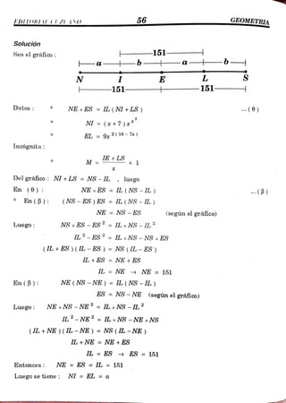 EDIIUR1//IO 56 GEOMETRIA
Solución
Sea el gráfico -151-
-b a -b-
-a
-
N E L
-151- -151
Datos NE x ES= IL (NI +LS) (0)
NI =(x +7 )x*
EL =
9x 2 (16- 7x)
Incógnita
IE + LS
M +1
=
Del gráfico NI + LS =NS IL luego
En (0) NE xES= IL (NS -IL) (B)
En(B): (NS ES ) ES = IL (NS - IL)
NE = NS - ES (según el gráfico)
Luego: NSx ES -ES = IL xNS -IL2
IL2-
ES = IL xNS - NS xES
(IL +ES)(L - ES) = NS (IL - ES)
IL +ES= NE + ES
IL = NE > NE = 151
En(B): NE (NS -NE) = IL (NS - IL)
ES =
NS -
NE (según el gráfico)
Luego: NE NS-NE = ILx NS -IL2
IL2-NE =
ILxNS -NExNS
(IL +NE) (IL-NE) = NS (IL -NE)
IL +NE= NE +ES
IL = ES ES 151
Entonces NE = ES = IL = 151
Luegose tiene NI = EL = a
 
