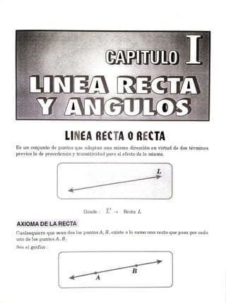 CAPITUL0
LINEA RECTA
Y ANGULOS
LINEA RECTA ORECTA
Es un conjunto de puntos que adoptan una misma dirección en virtud de dos términos
previos la de precedencia y transitividad para el efecto de la mis
Donde: T Recta L
AXIOMADELARECTA
Cualesquiera que sean dos los puntos A, B, existe a lo sumo una recta que pasa por cada
uno de los puntos A, B.
Seael gráfico:
B
A
 