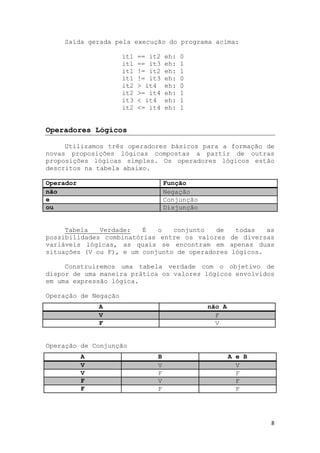 8
Saída gerada pela execução do programa acima:
it1 == it2 eh: 0
it1 == it3 eh: 1
it1 != it2 eh: 1
it1 != it3 eh: 0
it2 > it4 eh: 0
it2 >= it4 eh: 1
it3 < it4 eh: 1
it2 <= it4 eh: 1
Operadores Lógicos
Utilizamos três operadores básicos para a formação de
novas proposições lógicas compostas a partir de outras
proposições lógicas simples. Os operadores lógicos estão
descritos na tabela abaixo.
Operador Função
não Negação
e Conjunção
ou Disjunção
Tabela Verdade: É o conjunto de todas as
possibilidades combinatórias entre os valores de diversas
variáveis lógicas, as quais se encontram em apenas duas
situações (V ou F), e um conjunto de operadores lógicos.
Construiremos uma tabela verdade com o objetivo de
dispor de uma maneira prática os valores lógicos envolvidos
em uma expressão lógica.
Operação de Negação
A não A
V F
F V
Operação de Conjunção
A B A e B
V V V
V F F
F V F
F F F
 
